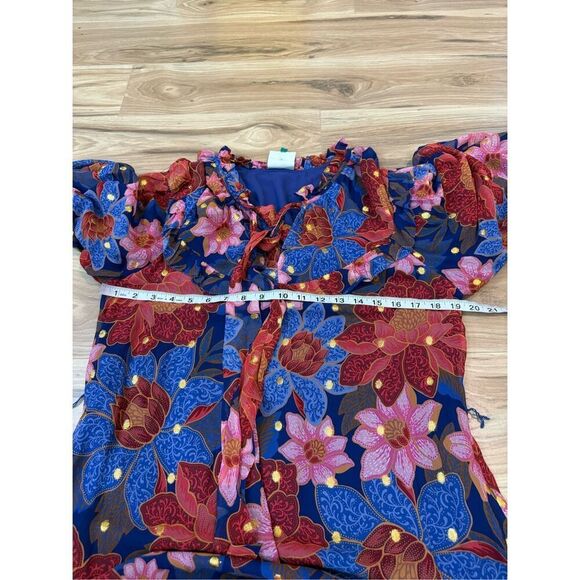 Farm Rio Garden Navy Blue Red Pink Floral Midi Dress no belt Size M - Picture 9 of 9